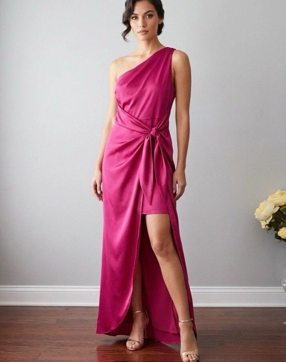 Donna Morgan One-Shoulder Satin Tie Front Slit Midi Dress Magenta Pink Size 12